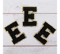 3 Pack Chenille Iron On Glitter Varsity Letter "E" Patches - Black Chenille Fabric With Gold Glitter Trim - Sew or Iron on - 5.5 cm Tall