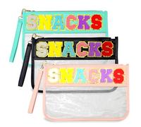 3 Pack Chenille Letter Bag Snack, Clear Preppy Patch Cosmetic Pouch with Zipper, Waterproof Transparent PVC Travel Make Up Bag for Toiletries Gym Beach (Black, Pink & Mint Green)