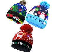 3 Pack Christmas Beanie Hat with Lights Cozy LED Christmas Bobble Kids & Adults Hat Stylish Elf Hats, Baby Xmas Hat Winter Holiday Parties (Christmas Tree + Let it Snow + Flying Elk)