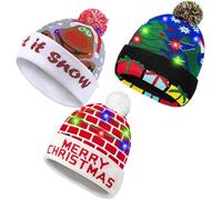 3 Pack Christmas Beanie Hat with Lights Cozy LED Christmas Bobble Kids & Adults Hat Stylish Elf Hats, Baby Xmas Hat Winter Holiday Parties (Let it Snow Grey + Christmas Tree + Merry Christmas)