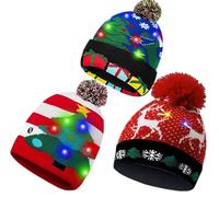 3 Pack Christmas Beanie Hat with Lights Cozy LED Christmas Bobble Kids & Adults Hat Stylish Elf Hats, Baby Xmas Hat Winter Holiday Parties (Christmas Tree Red + Christmas Tree BLue + Flying Elk)