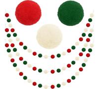 3 Pack Christmas Pom Garland Decorations for Tree Indoor Home Room Decor - Cute Hanging Felt Ball Red White Green Bead Ornament String Banner - Xmas Birthday Party Supplies