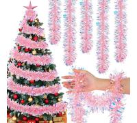 3 Pack Chunky Pink Christmas Tinsel Garland, 2 Metre Sparkling Iridescent Metallic Tinsel for Xmas Tree & Home Decorations, Festive Party Office Staircase Decor (Pink, 6m)