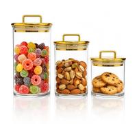 3-Pack Clear Acrylic Apothecary Jars with Gold Lids, Gold Candy Jar for Coffee Bar, Bathroom Vanity Canisters for Q-Tips, Cotton Balls & Small Treats