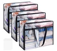 3 Pack Clear Plastic Storage Bags, 60L Foldable Clothes Storage Bags with Zips Moving Bags with Reinforced Handle Bedding Laundry Packing Bags Plastic Loft Wardrobe Organiser for Quilt Blanket Duvet