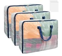 3 Pack Clear Plastic Storage Bags, 75L Foldable Clothes Storage Bags with Zips Moving Bags with Reinforced Handle Underbed Storage Plastic Loft Wardrobe Organiser for Quilt Blanket Duvet Bedding Toys