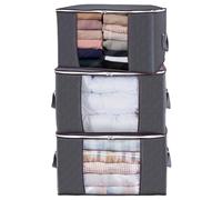 3 Pack Clothes Storage Bags with Zips, 90L Large Capacity Foldable Storage Boxes with Thick Reinforced Handles, Transparent Window, Storage Bags for Toys, Clothing, Bedding, Blankets (Grey)