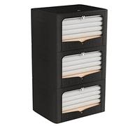3 Pack Clothes Storage Bins - Foldable Metal Frame Storage Box - Stackable Linen Fabric Organizer Set with Carrying Handles and Clear Window (Black, 15.7x11.8x7.8inch(22L))