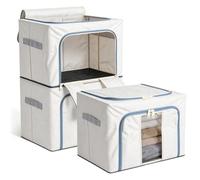 3 Pack Clothes Storage Boxes, 24L Waterproof Clothes Organiser With Metal Frame, Foldable Fabric Oxford Cloth Box With Clear Windows Lids Bedding Storage For Blankets, Bedding, Comforters (Grey)