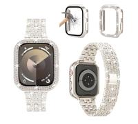 3-Pack Compatible With Apple Watch Band 38mm 40mm 41mm 42mm 44mm 45mm 49mm with Case, Bling Diamond Metal Strap with Diamond Case and Glass Screen Protector Case For iWatch Series SE 8 7 6 5 4 3 2 1