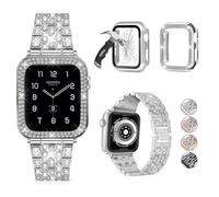3-Pack Compatible With Apple Watch Band Ultra 49mm with Case Women, Bling Jewelry Diamond Metal Strap with Diamond Case and Glass Screen Protector Case For iWatch Series 8 Ultra 49mm (Silver, 49mm)