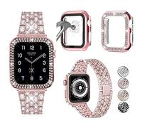3 Pack Compatible with Apple Watch Strap 38mm 40mm 41mm 42mm 44mm 45mm 49mm with Glitter Diamond Case and Glass Screen Protector Cover for iWatch Series 9 8 SE 7 6 5 4 3 2 1, Rose Red, 42mm (Series 3