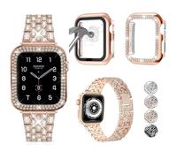 3 Pack Compatible with Apple Watch Strap 38mm 40mm 41mm 42mm 44mm 45mm 49mm with Glitter Diamond Case and Glass Screen Protector Cover for iWatch Series 9 8 SE 7 6 5 4 3 2 1, Rose Gold, 44mm (Series 6