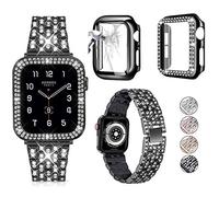 3 Pack Compatible with Apple Watch Strap 38mm 40mm 41mm 42mm 44mm 45mm 49mm with Glitter Diamond Case and Glass Screen Protector Cover for iWatch Series 9 8 SE 7 6 5 4 3 2 1, black, 41mm (Series 9/8/7