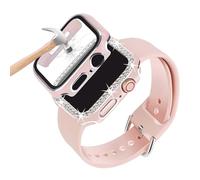 3 Pack Compatible with Apple Watch Strap 38mm 40mm 41mm 42mm 44mm 45mm with Case, Soft Silicone Strap with Diamond Case and Glass Screen Protector for iWatch Series 9 8 7 6 5 4 3 2, Pink, 45mm (Series