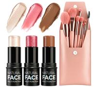 3 Pack Contour Stick, Contour Highlighter Blush with 8 Pack Brush, Ideal for Face Sculpting and Natural Finish, Suitable for Various Skin Tones and Makeup Routines
