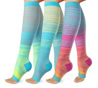 3 Pack Copper Compression Socks for Women&Men 20-30mmHg Open Toe Knee High Support Socks for Varicose Vein Running, A06-lightstrip, L-XL