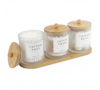 3 Pack Cotton Bud Holder Dispenser - Glass Apothecary Jars with Bamboo Lids, Cotton Ball Pad Round Holder, Floss Pick Containers, Bathroom Organisers with Tray & 14 Labels - Bamboo Lid Frosted Color