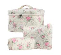 3 Pack Cotton Makeup Bag Set, Quilted Makeup Bag, Floral Makeup Bag Cotton Makeup Bag Aesthetic Flower Makeup Bag, Quilted Cotton Makeup Bag for Cosmetics, Toiletries and Accessories