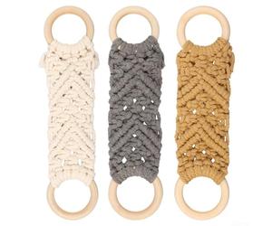 3 Pack Cotton Rope Towel Holder Ring, Hand-Woven Wood Hanging Dish Towel Rack for Kitchen Bathroom Organization, Decorative Hook for Wet Towels & Accessories (White, Grey, Brown)