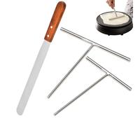 3 Pack Crepe Spreader and Spatula Kit, 12" Wooden Handle Spurtle Spatula, Stainless Steel Crepe Spreader, 7" & 5" T-Shaped Batter Spreaders, Crepes Turner Sticks, Pancake Tool Fit Any Crepe Maker Pan