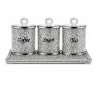 3 Pack Decorative Coffee Tea Sugar Canisters With Crushed Crystal Diamonds, Glass Food Storage Containers, Bling Kitchen Jar for Countertop Decor, Silver