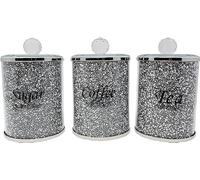 3 Pack Decorative Coffee Tea Sugar Canisters with Crushed Crystal Diamonds, Glass Kitchen Food Storage Containers, Bling Kitchen Jar for Kitchen Countertop Decor, Silver - 13cm Height