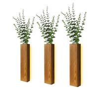 3-Pack Decorative Wood Wall Planters for Artificial Plant, Dried Flower Stems, 12 Inch Slim Wood Wall Vases with Led Lights for Living Room, Bedroom, Bathroom, Home Office Apartment Decor