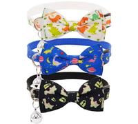 3 Pack Dinosaur Cat Collars with Bell Breakaway Safety Collar for Indoor Outdoor Cats - Soft Adjustable Cotton Kitten Collars with Cute Dino Design in Black, Navy, White