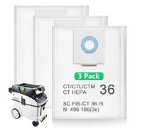 3 Pack Disposable 496186 Filter Bags for Festool Dust Extractor CT 36 / CTM 36 E/CTL 36 E CLEANTEC Series, Large Capacity Vacuum Dust Bag for Festool SC FIS-CT 36/5