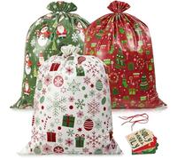 3 Pack Extra Large Christmas Gift Bags,56”×36" Holiday Jumbo Plastic Wrapping Present Bags Reusable Party Favor Sacks with Gift Tag Cards and String Xmas Huge Gifts Decorations Holiday Gift Giving