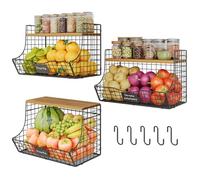 3 Pack Extra Large Fruit Basket for Kitchen with Wood Lid Nameplate - Counter&Wall Mounted Onion and Potato Storage Bin, Stackable Metal Hanging Wire Baskets,15.74 * 8.66 * 10.63 inch