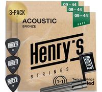 3-Pack Extra Light Acoustic Guitar Strings - Easy On Fingers & Excellent Sound - Extra 3xE1 String & 3xPicks & String Winder - 6 Bronze Acoustic Guitar Strings 09-44 Super Light Set