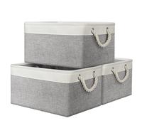 3 Pack Fabric Storage Baskets with Handles for Clothes Toys Office Supplies | Cotton linen surface with waterproof lining, reinforced metal frame, collapsible flat structure, thick sturdy rope handles