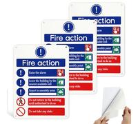 3 Pack Fire Action Notice Sign,15 x 20 cm Fire Safety Signs,1mm Reflective Aluminum Action Signs with self-adhesive backing and drill holes,Rust Free Weatherproof Signage