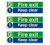 3 Pack Fire Exit Keep Clear Sign, 30x10cm Flexible Vinyl Glow in The Dark Safety Stickers, Self-Adhesive Peel & Stick Signs for Offices, Warehouses and Public Buildings