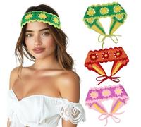 3-Pack Floral Hippie Headbands For Women, Adjustable Knit Hair Bands With Tie Strings, Colorful Boho Head Wraps