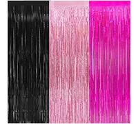 3 Pack Foil Curtains-8x9.84 Ft Rose Red Pink and Black Fringe Metallic Backdrop Curtain for Minie Mouse Themed Baby Shower Birthday Nursery Party Decorations