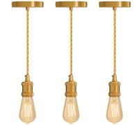 3 Pack French Gold E27 Pendant Light Fitting - Industrial Ceiling Lamp Kit with Adjustable Twisted Fabric Cable, Metal Holder & Ceiling Rose