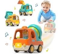 3 Pack Friction Powered Construction Push Cars for 1-3 Year Old - Baby Toys with Lights and Music, Excavator, Dumper, Cement Mixer Truck Set, for Toddlers