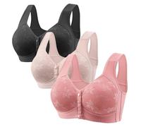 3-Pack Front Fastening Bras for Women Plus Size Cotton Solid Colour Everyday Bras No Wire Breathable Bras for Elderly Women with Sagging Breasts Wide Straps Comfort Bras Wireless Push Up Bras Black