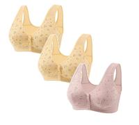 3 Pack Front Fastening Bras for Women UK Daisy Print Wireless Push Up Bra Full Coverage Front Closure Sports Bras Women Soft Comfort Underwear Wide Shoulder Straps Ladies Bras