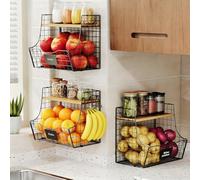 3 Pack Fruit Basket for Kitchen with Wood Lid - Counter&Wall Mounted Onion and Potato Storage with Nameplate, Stackable Storage Basket, Hanging Metal Wire Baskets Kitchen Countertop Organizer Pantry