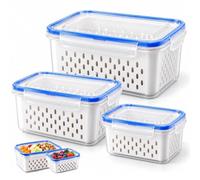 3 Pack Fruit Storage Containers for Fridge with Removable Colander, Airtight Leak-Proof Boxes, Stackable Fridge Organisers with Lids for Fruit, Vegetables, Washing Draining to Keep Food Fresh