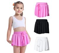 3 Pack Girls Flowy Shorts 2 in 1 Butterfly Skirt Shorts with Pockets for Dance School Wear Running Gym Fitness Sleep, Black+white+rosy, 10-12 Years