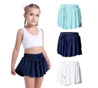3 Pack Girls Flowy Shorts 2 in 1 Butterfly Skirt Shorts with Pockets for Dance School Wear Running Gym Fitness Sleep, Lightgreen+navy+white, 10-12 Years