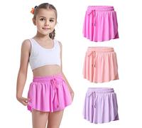 3 Pack Girls Flowy Shorts 2 in 1 Butterfly Skirt Shorts with Pockets for Dance School Wear Running Gym Fitness Sleep, Lightpurple+pink+rosy, 10-12 Years