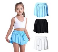 3 Pack Girls Flowy Shorts 2 in 1 Butterfly Skirt Shorts with Pockets for Dance School Wear Running Gym Fitness Sleep, Black+white+seablue, 10-12 Years
