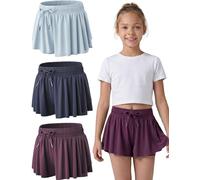 3 Pack Girls Flowy Shorts with Spandex Liner 2-in-1 Youth Butterfly Skirts for Fitness, Running, Sports