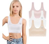 3 Pack Girls Sports Bra with Seamless Ice Silk Crop Tops for Girls with Removable Bust Pad Wireless Kids Bra Bralette with U Shape Soft Girls Crop Tops (UK, Age, 8 Years, 10 Years, Regular, Style1)